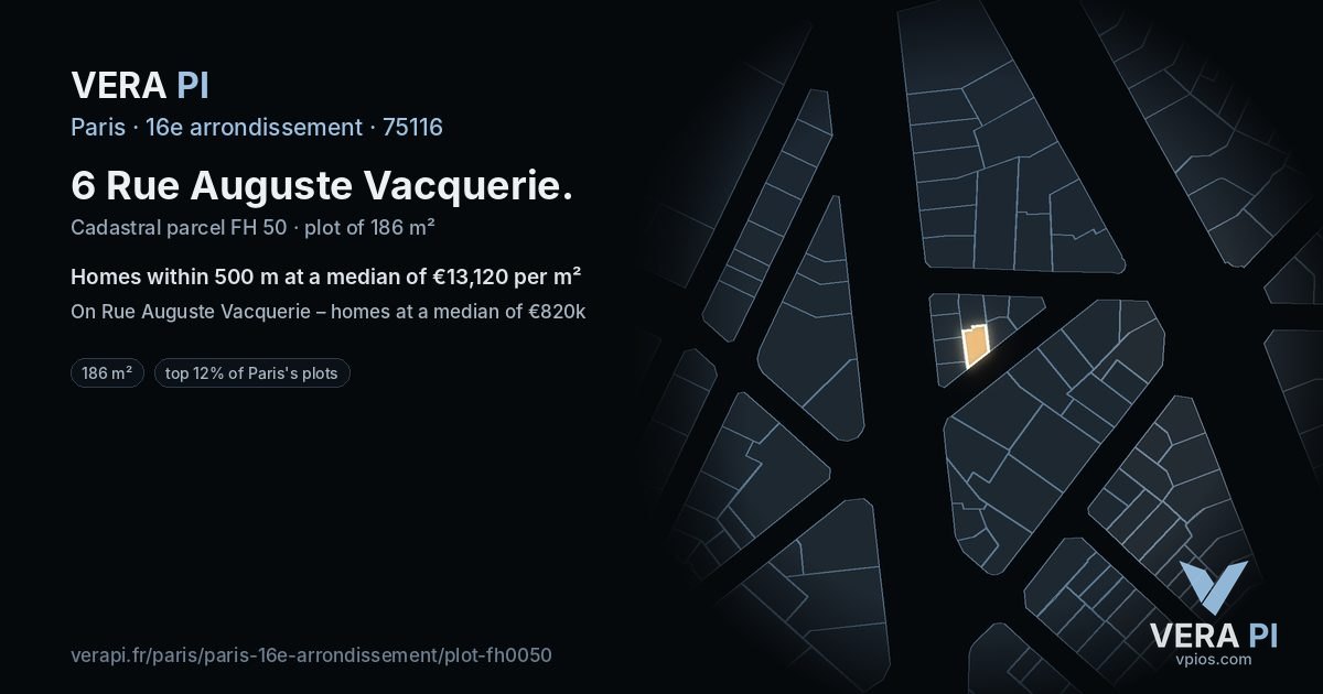 6 Rue Auguste Vacquerie, 16e arrondissement at night – the plot lit, the parcels around coloured by the prices near them