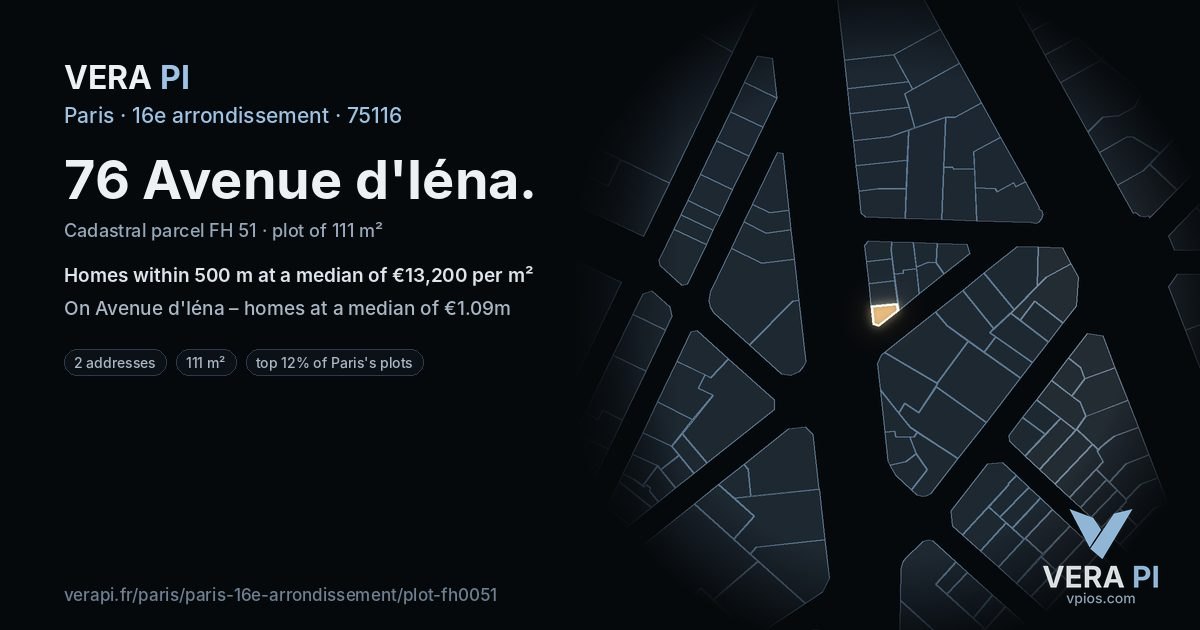76 Avenue d'Iéna, 16e arrondissement at night – the plot lit, the parcels around coloured by the prices near them