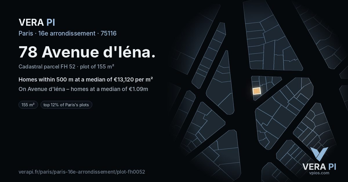 78 Avenue d'Iéna, 16e arrondissement at night – the plot lit, the parcels around coloured by the prices near them