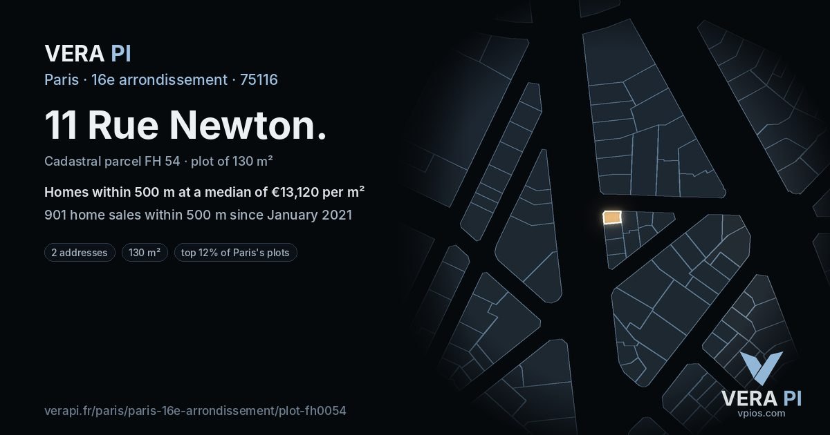 11 Rue Newton, 16e arrondissement at night – the plot lit, the parcels around coloured by the prices near them