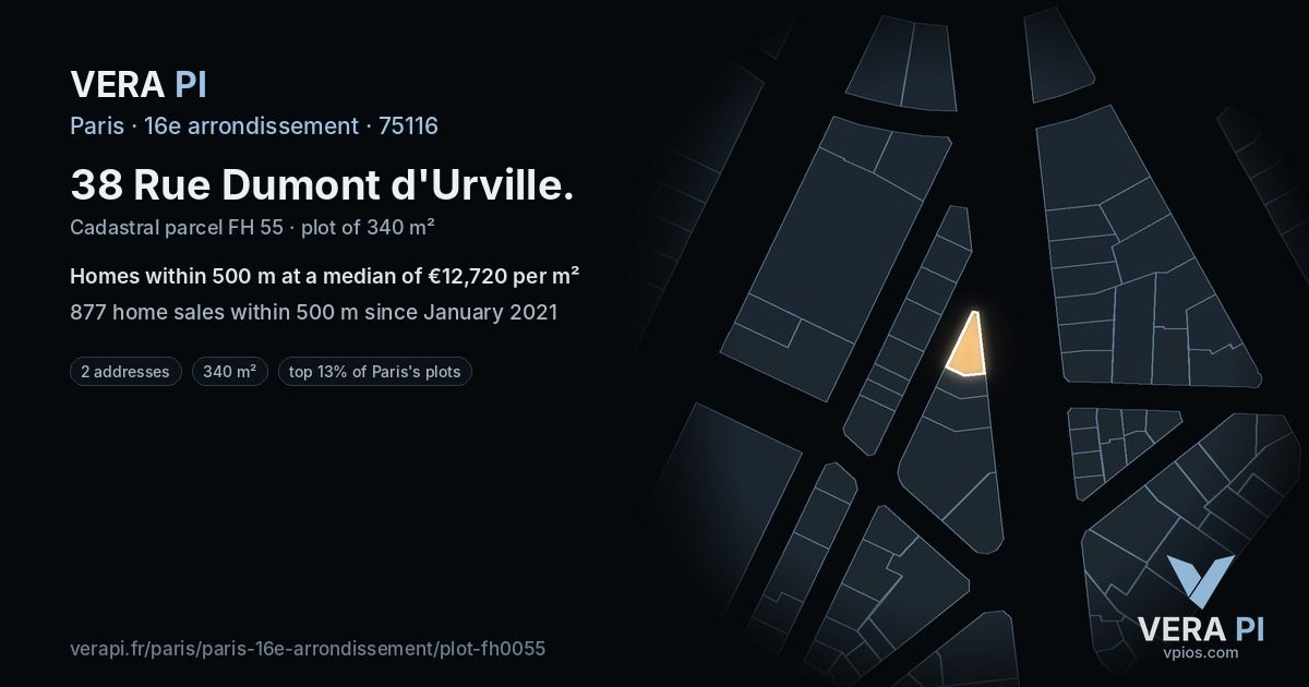 38 Rue Dumont d'Urville, 16e arrondissement at night – the plot lit, the parcels around coloured by the prices near them