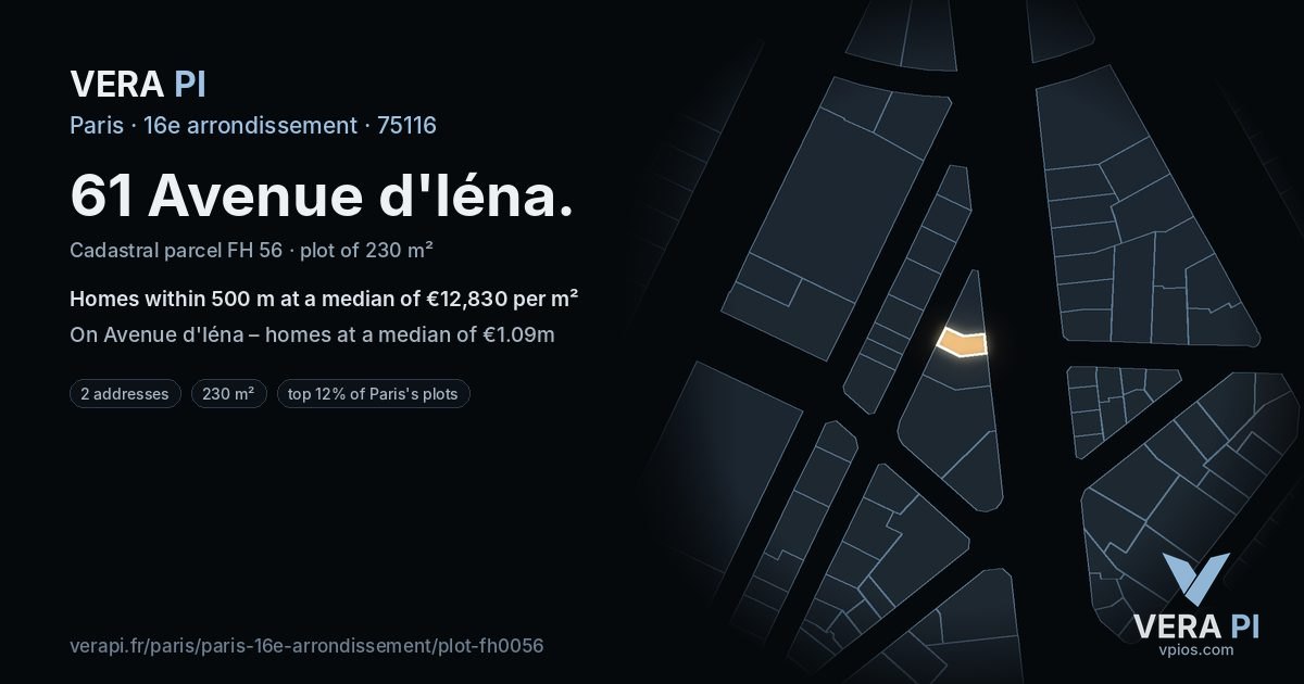 61 Avenue d'Iéna, 16e arrondissement at night – the plot lit, the parcels around coloured by the prices near them