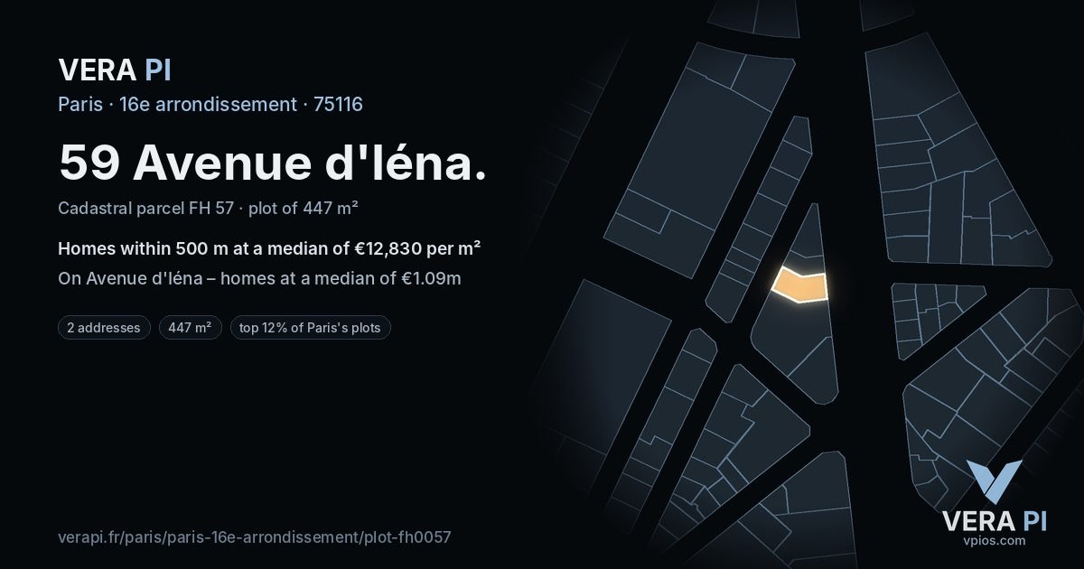 59 Avenue d'Iéna, 16e arrondissement at night – the plot lit, the parcels around coloured by the prices near them