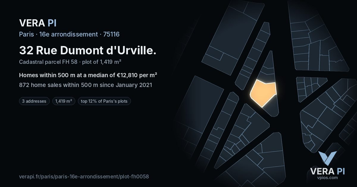 32 Rue Dumont d'Urville, 16e arrondissement at night – the plot lit, the parcels around coloured by the prices near them