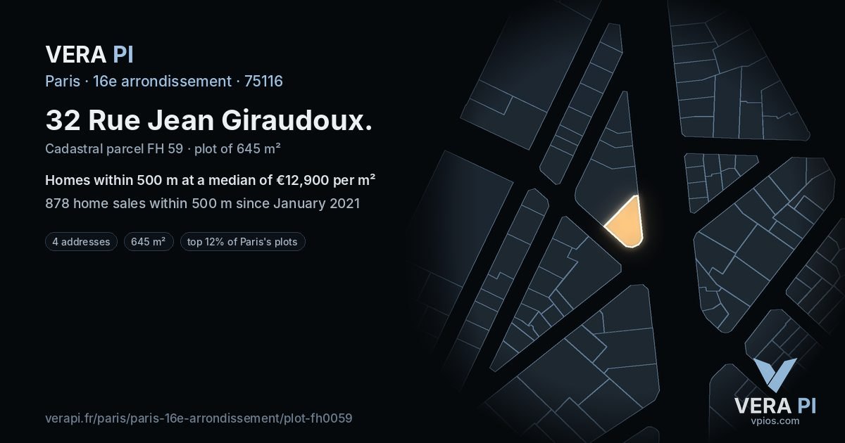 32 Rue Jean Giraudoux, 16e arrondissement at night – the plot lit, the parcels around coloured by the prices near them