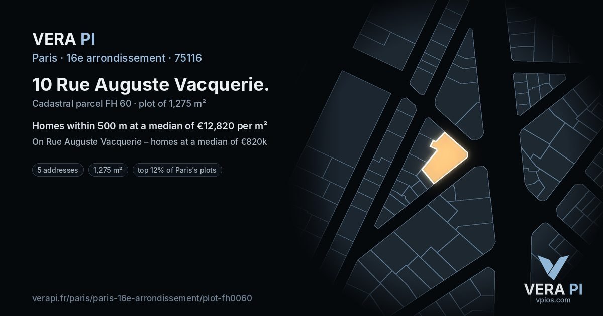 10 Rue Auguste Vacquerie, 16e arrondissement at night – the plot lit, the parcels around coloured by the prices near them