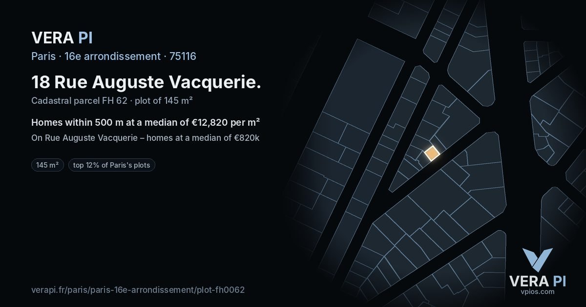 18 Rue Auguste Vacquerie, 16e arrondissement at night – the plot lit, the parcels around coloured by the prices near them