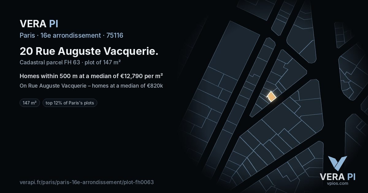 20 Rue Auguste Vacquerie, 16e arrondissement at night – the plot lit, the parcels around coloured by the prices near them
