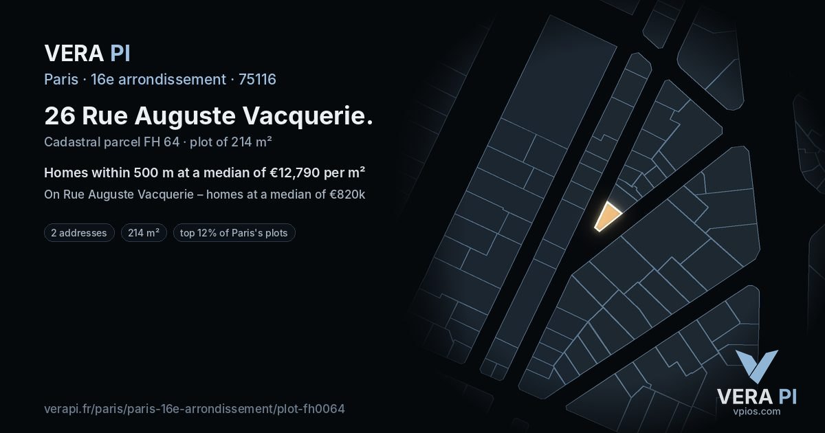 26 Rue Auguste Vacquerie, 16e arrondissement at night – the plot lit, the parcels around coloured by the prices near them