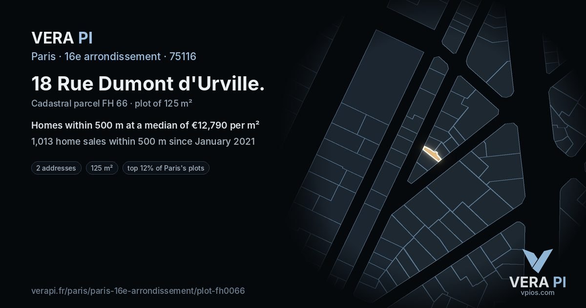 18 Rue Dumont d'Urville, 16e arrondissement at night – the plot lit, the parcels around coloured by the prices near them