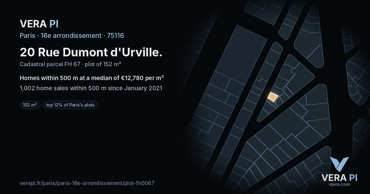 20 Rue Dumont d'Urville, 16e arrondissement at night – the plot lit, the parcels around coloured by the prices near them