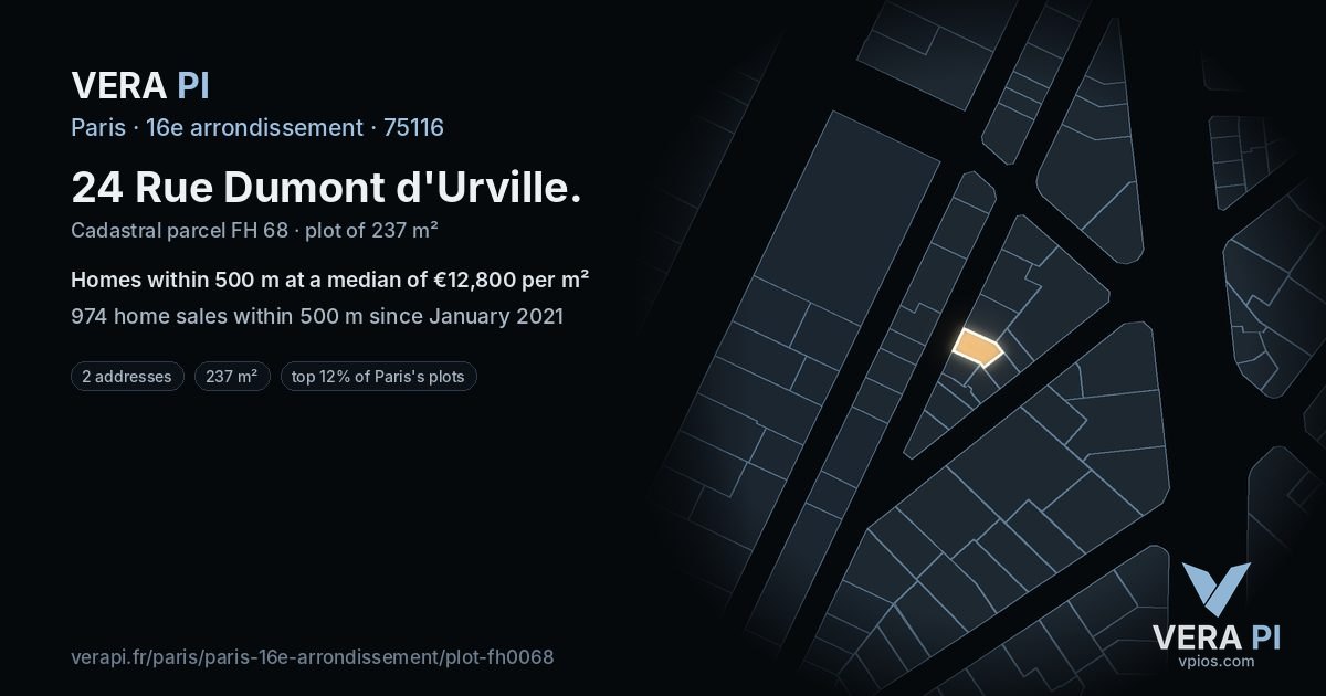 24 Rue Dumont d'Urville, 16e arrondissement at night – the plot lit, the parcels around coloured by the prices near them