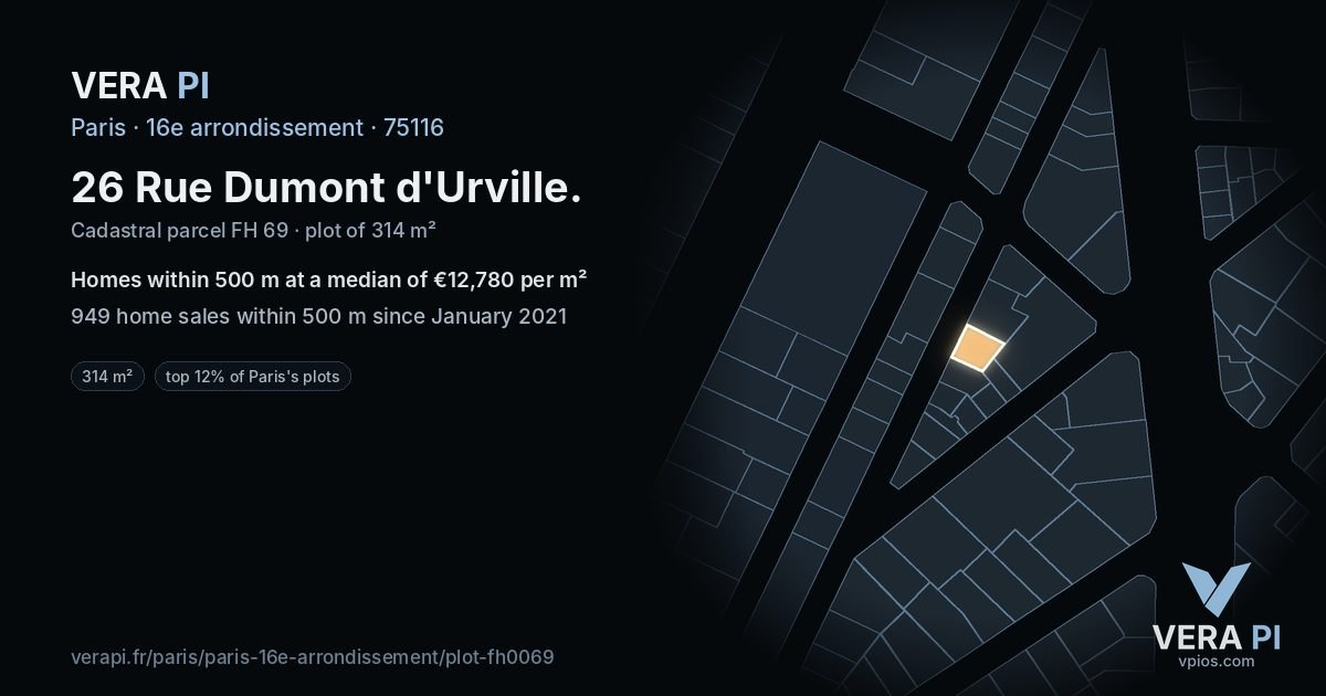 26 Rue Dumont d'Urville, 16e arrondissement at night – the plot lit, the parcels around coloured by the prices near them