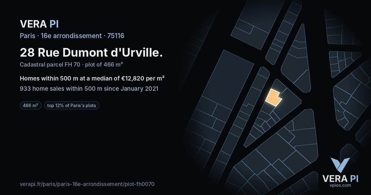 28 Rue Dumont d'Urville, 16e arrondissement at night – the plot lit, the parcels around coloured by the prices near them