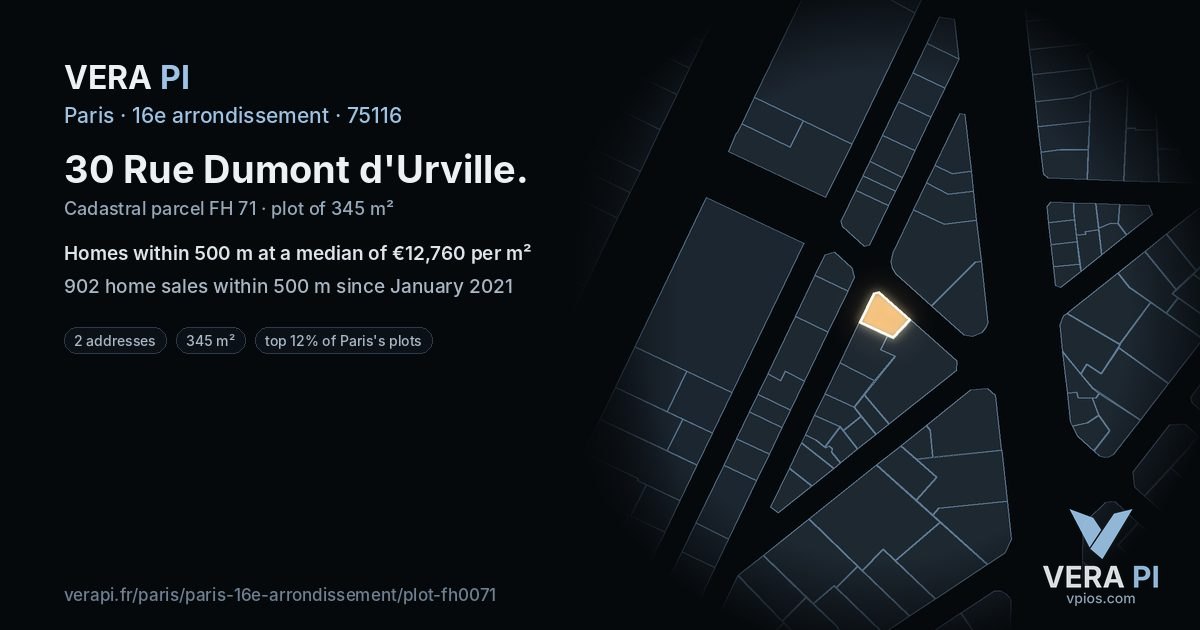 30 Rue Dumont d'Urville, 16e arrondissement at night – the plot lit, the parcels around coloured by the prices near them