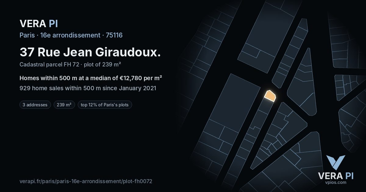 37 Rue Jean Giraudoux, 16e arrondissement at night – the plot lit, the parcels around coloured by the prices near them