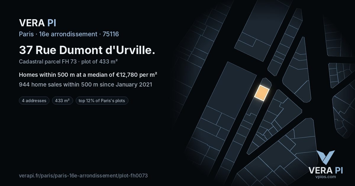 37 Rue Dumont d'Urville, 16e arrondissement at night – the plot lit, the parcels around coloured by the prices near them