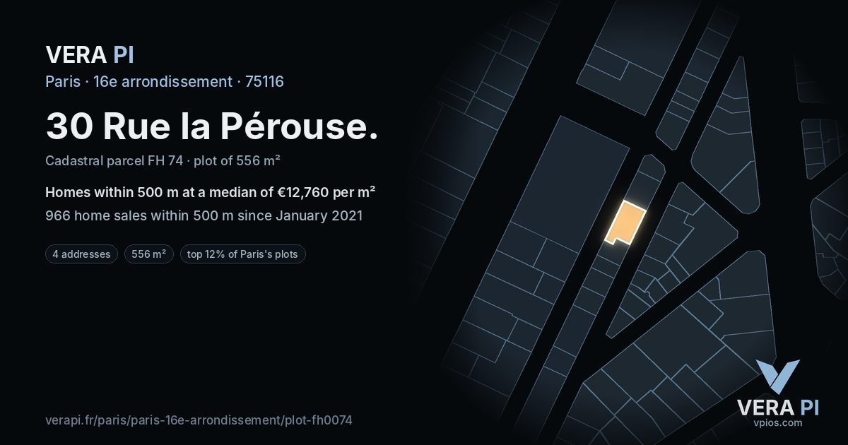 30 Rue la Pérouse, 16e arrondissement at night – the plot lit, the parcels around coloured by the prices near them