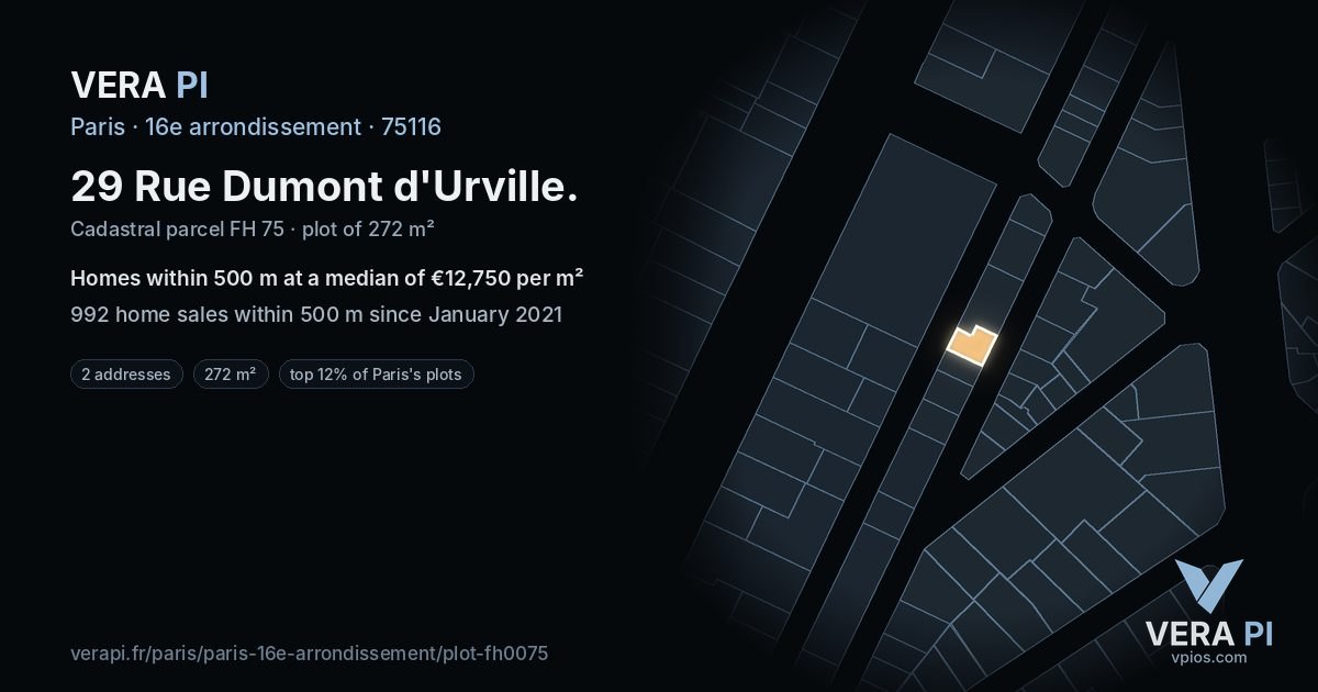 29 Rue Dumont d'Urville, 16e arrondissement at night – the plot lit, the parcels around coloured by the prices near them