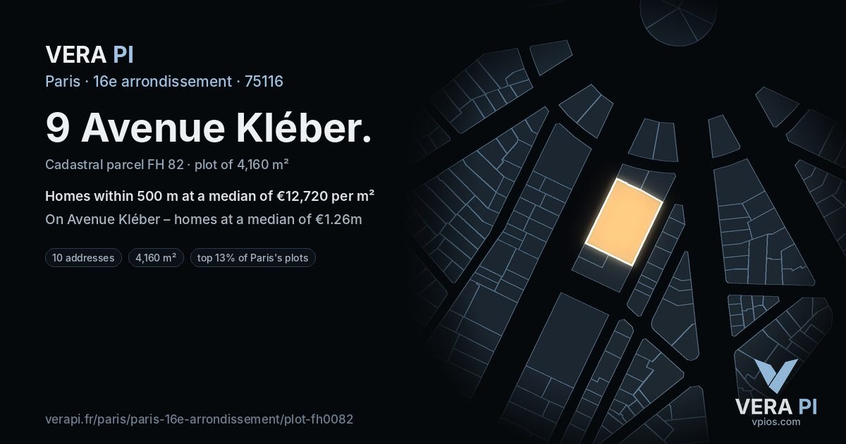 9 Avenue Kléber, 16e arrondissement at night – the plot lit, the parcels around coloured by the prices near them