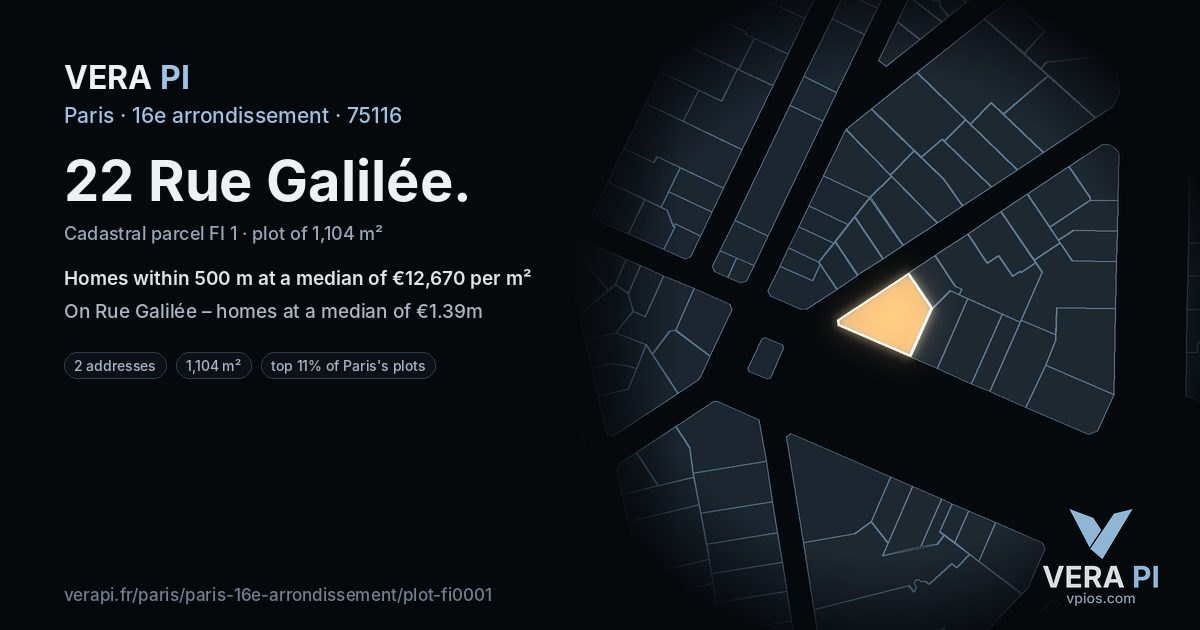 22 Rue Galilée, 16e arrondissement at night – the plot lit, the parcels around coloured by the prices near them