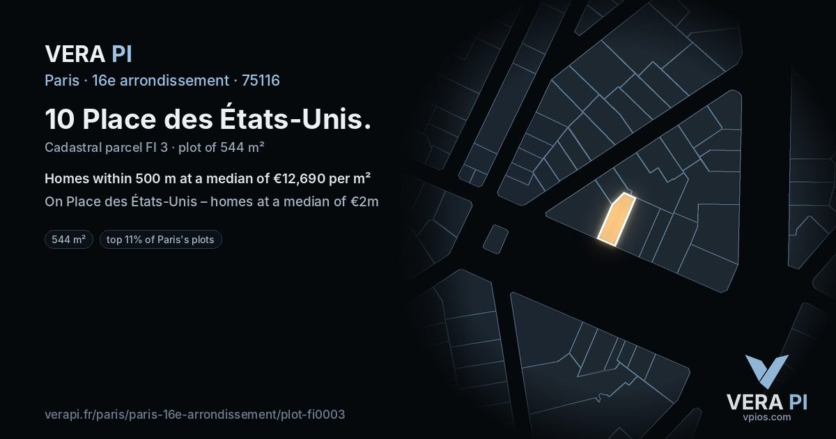 10 Place des États-Unis, 16e arrondissement at night – the plot lit, the parcels around coloured by the prices near them