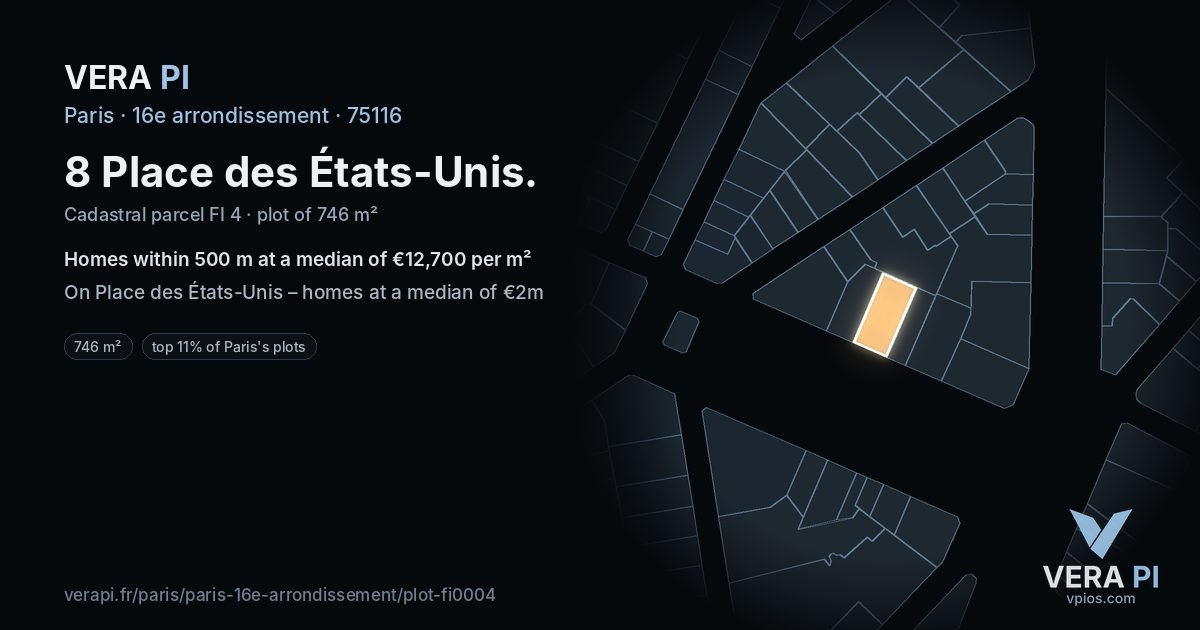8 Place des États-Unis, 16e arrondissement at night – the plot lit, the parcels around coloured by the prices near them