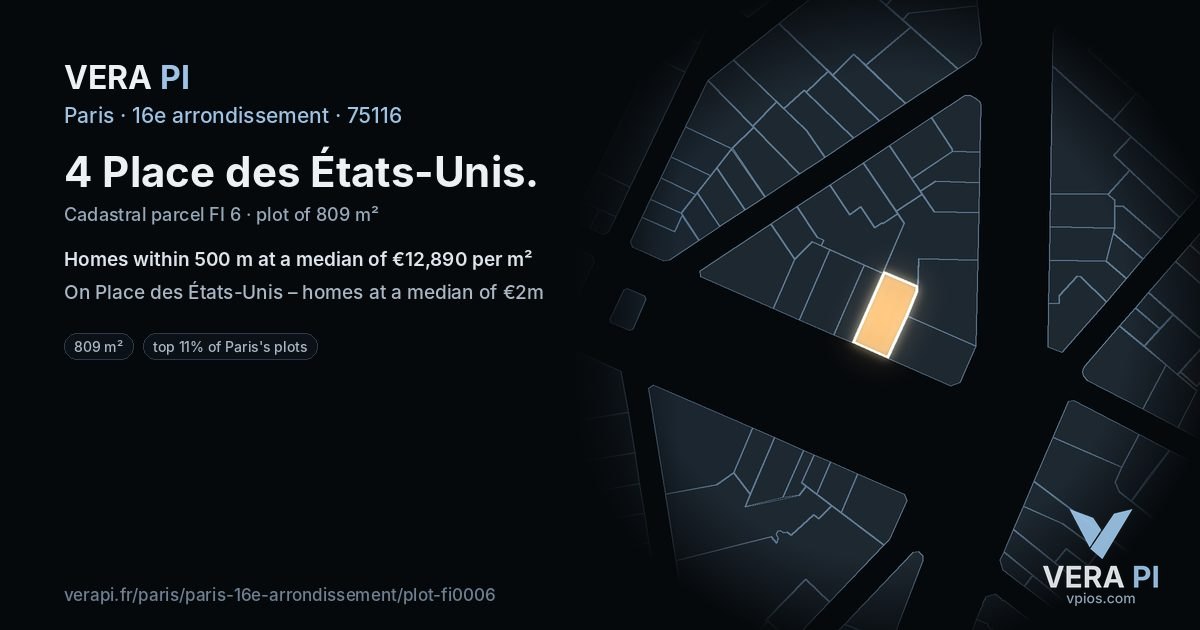 4 Place des États-Unis, 16e arrondissement at night – the plot lit, the parcels around coloured by the prices near them