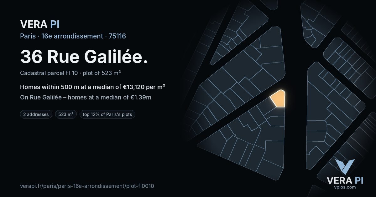 36 Rue Galilée, 16e arrondissement at night – the plot lit, the parcels around coloured by the prices near them