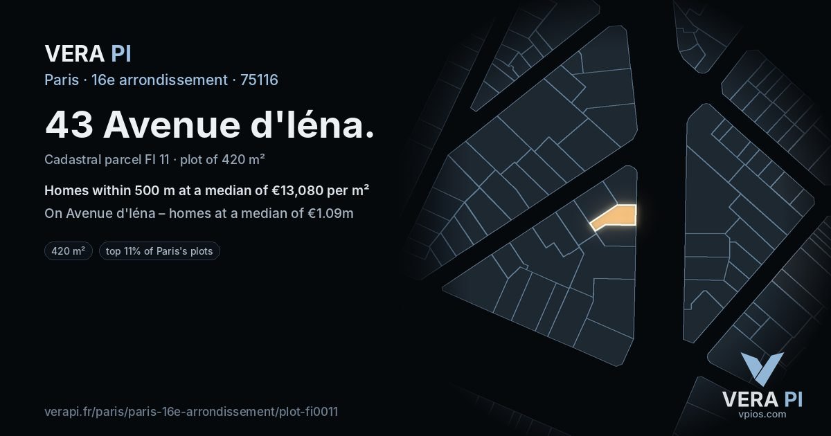 43 Avenue d'Iéna, 16e arrondissement at night – the plot lit, the parcels around coloured by the prices near them
