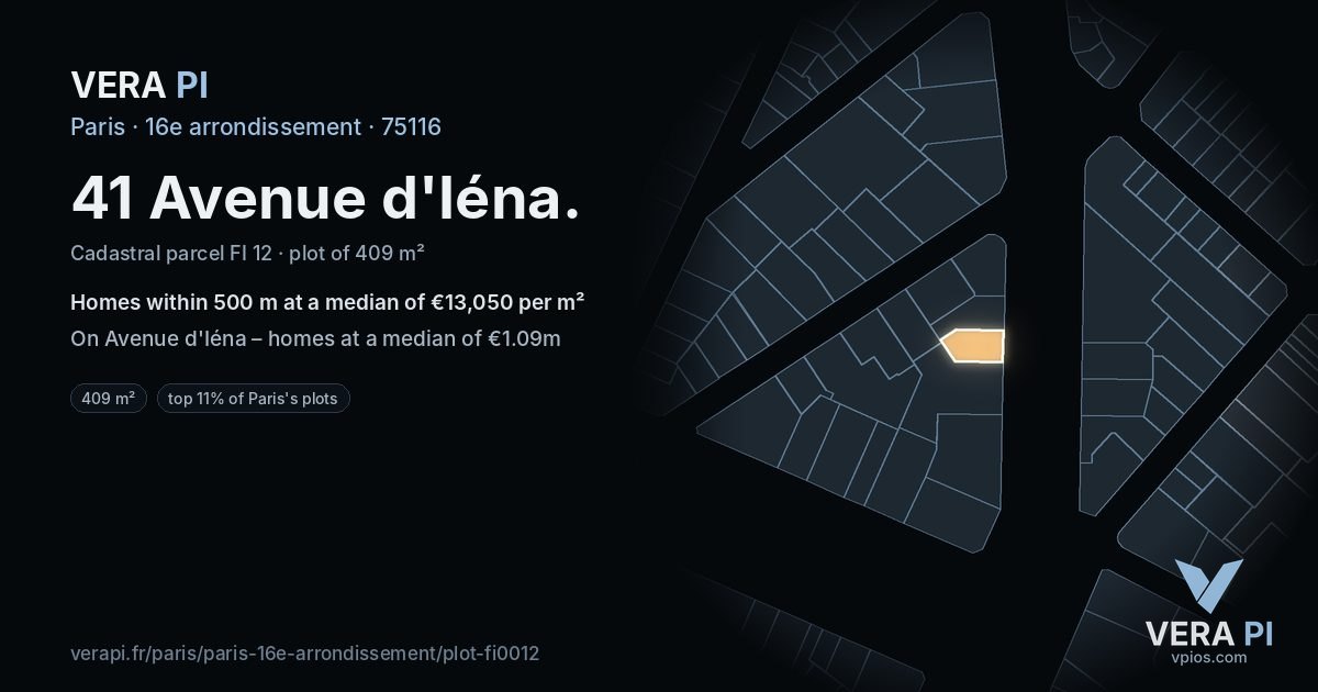 41 Avenue d'Iéna, 16e arrondissement at night – the plot lit, the parcels around coloured by the prices near them