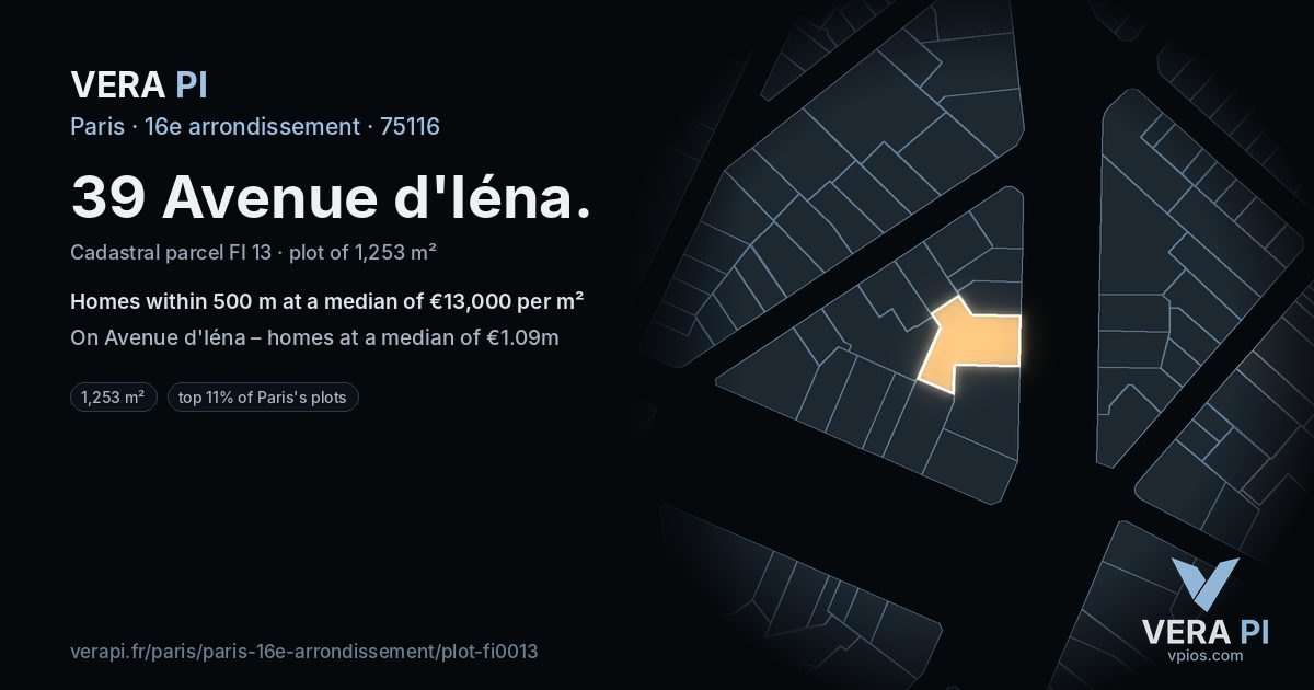 39 Avenue d'Iéna, 16e arrondissement at night – the plot lit, the parcels around coloured by the prices near them