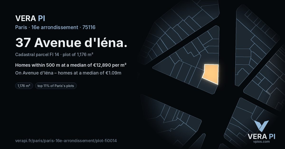 37 Avenue d'Iéna, 16e arrondissement at night – the plot lit, the parcels around coloured by the prices near them