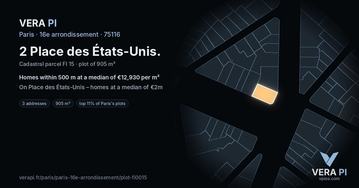 2 Place des États-Unis, 16e arrondissement at night – the plot lit, the parcels around coloured by the prices near them