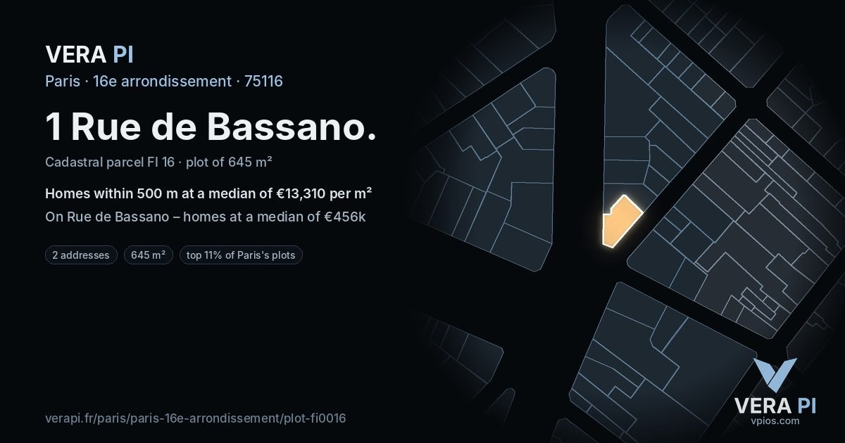 1 Rue de Bassano, 16e arrondissement at night – the plot lit, the parcels around coloured by the prices near them