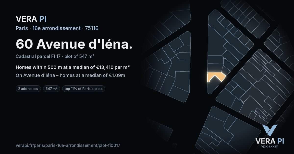 60 Avenue d'Iéna, 16e arrondissement at night – the plot lit, the parcels around coloured by the prices near them
