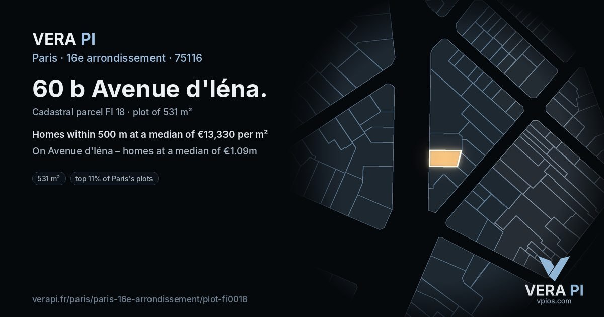 60 b Avenue d'Iéna, 16e arrondissement at night – the plot lit, the parcels around coloured by the prices near them