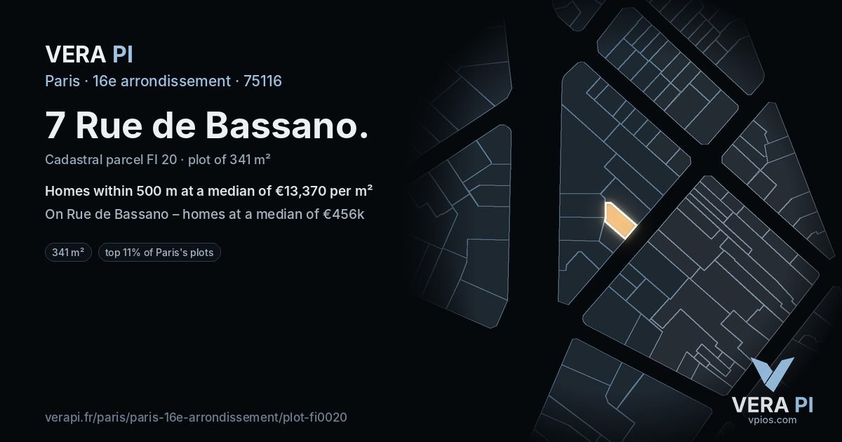 7 Rue de Bassano, 16e arrondissement at night – the plot lit, the parcels around coloured by the prices near them