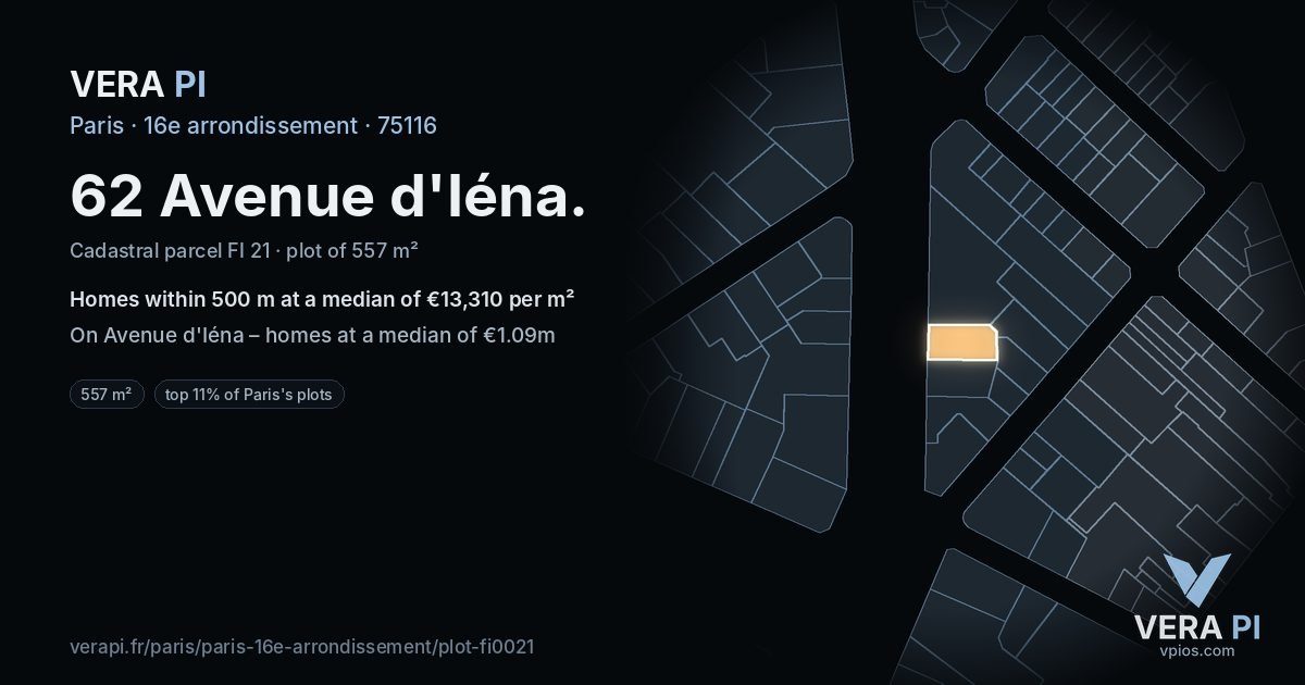 62 Avenue d'Iéna, 16e arrondissement at night – the plot lit, the parcels around coloured by the prices near them