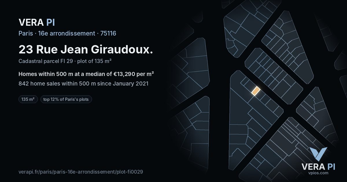 23 Rue Jean Giraudoux, 16e arrondissement at night – the plot lit, the parcels around coloured by the prices near them