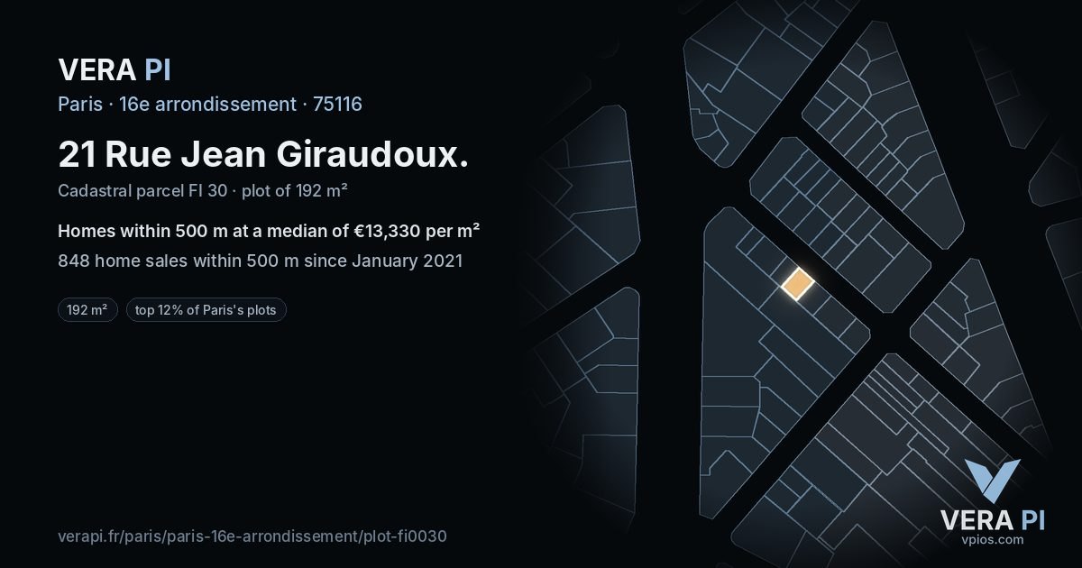 21 Rue Jean Giraudoux, 16e arrondissement at night – the plot lit, the parcels around coloured by the prices near them