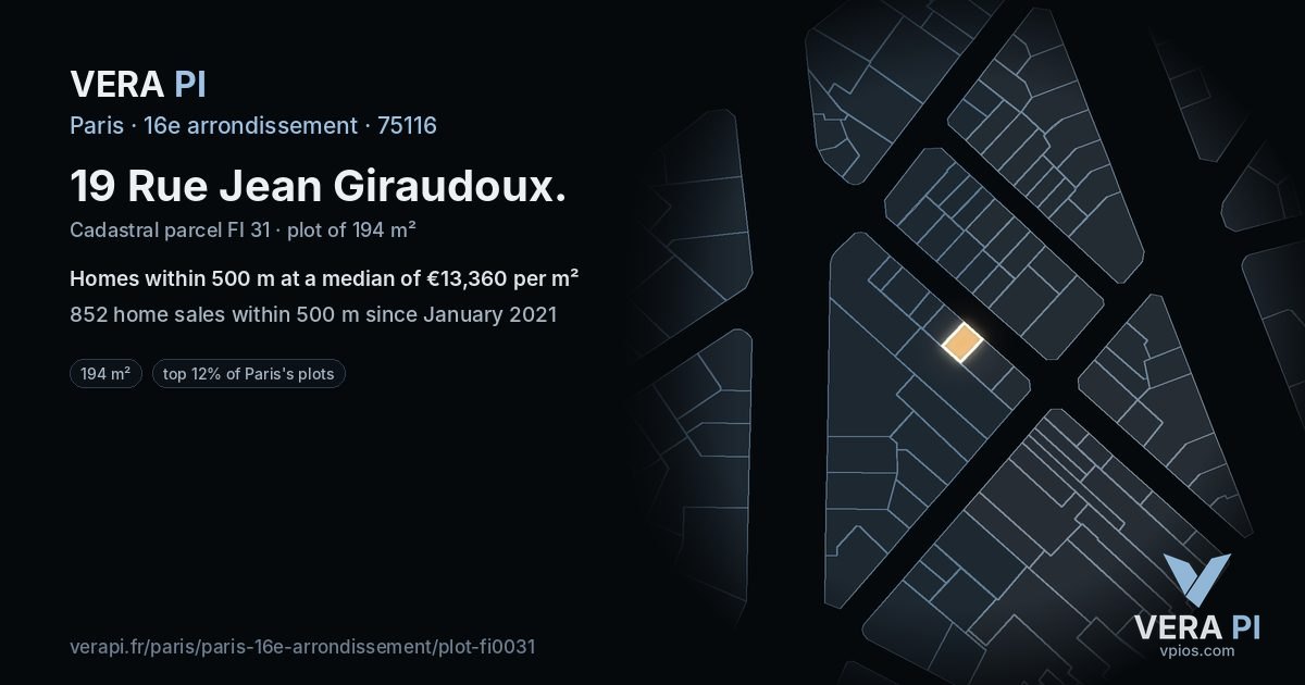19 Rue Jean Giraudoux, 16e arrondissement at night – the plot lit, the parcels around coloured by the prices near them