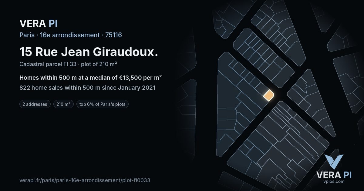 15 Rue Jean Giraudoux, 16e arrondissement at night – the plot lit, the parcels around coloured by the prices near them
