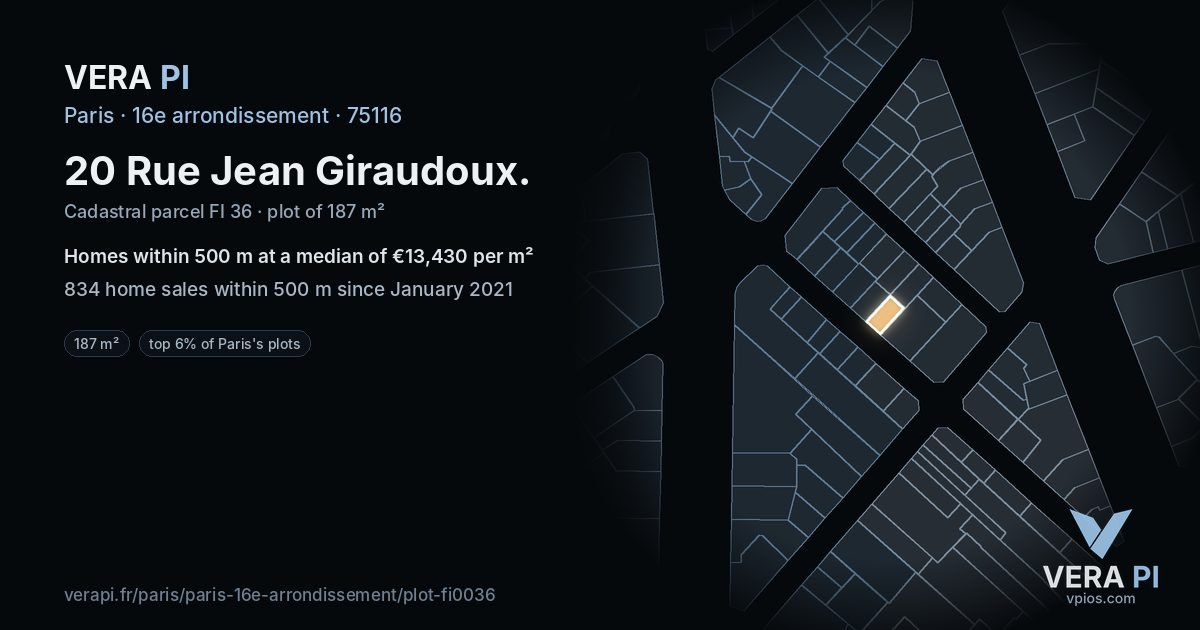 20 Rue Jean Giraudoux, 16e arrondissement at night – the plot lit, the parcels around coloured by the prices near them