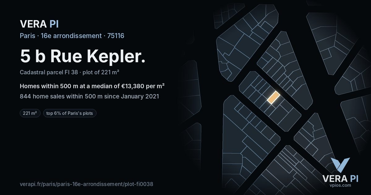 5 b Rue Kepler, 16e arrondissement at night – the plot lit, the parcels around coloured by the prices near them