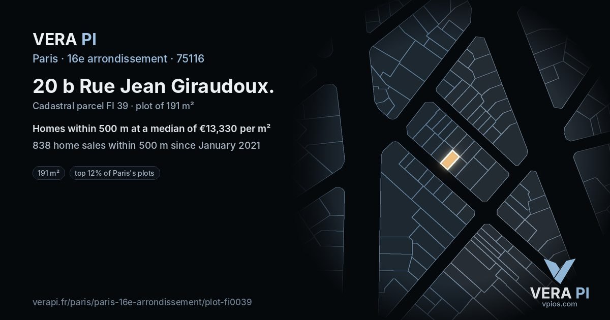 20 b Rue Jean Giraudoux, 16e arrondissement at night – the plot lit, the parcels around coloured by the prices near them