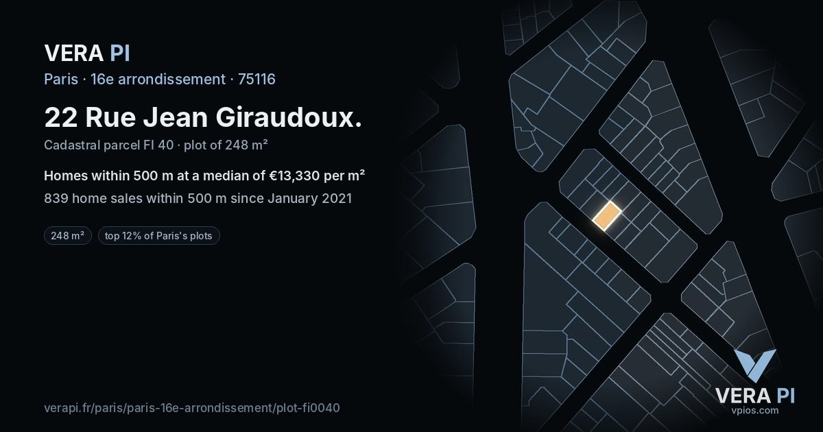 22 Rue Jean Giraudoux, 16e arrondissement at night – the plot lit, the parcels around coloured by the prices near them