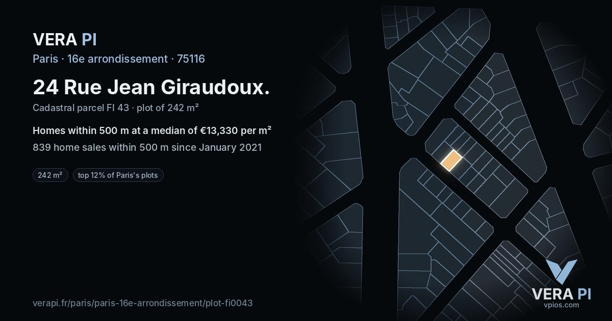 24 Rue Jean Giraudoux, 16e arrondissement at night – the plot lit, the parcels around coloured by the prices near them