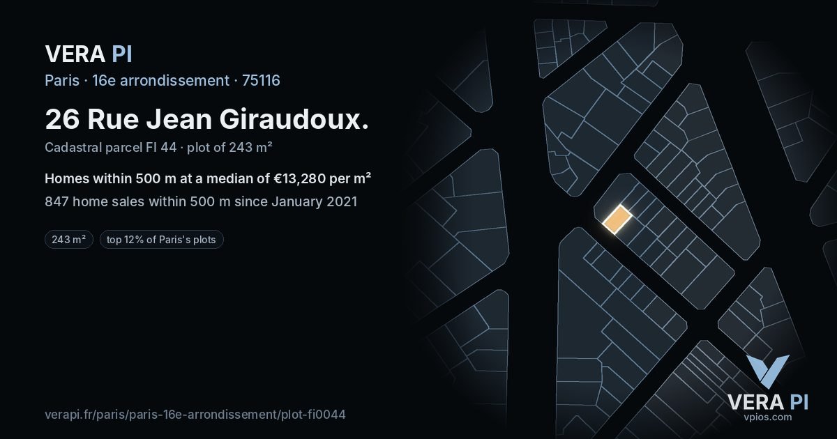 26 Rue Jean Giraudoux, 16e arrondissement at night – the plot lit, the parcels around coloured by the prices near them