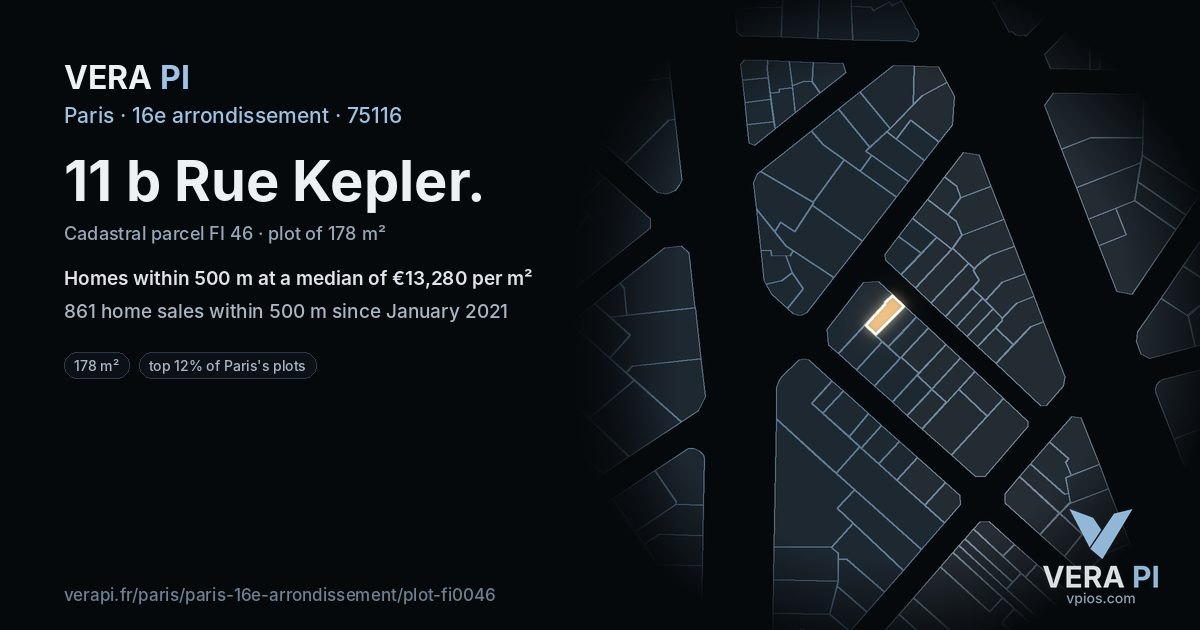 11 b Rue Kepler, 16e arrondissement at night – the plot lit, the parcels around coloured by the prices near them